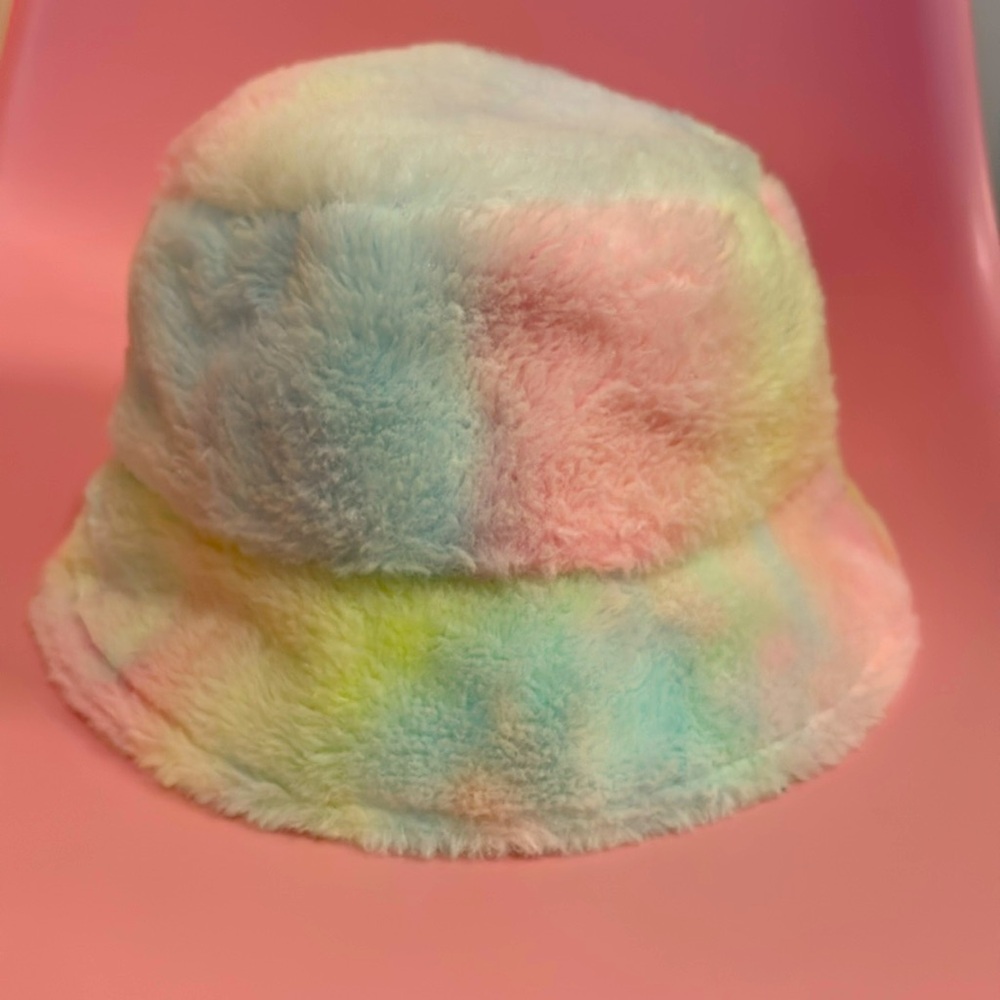 Cotton candy fuzzy bucket hat with adjustable strap
